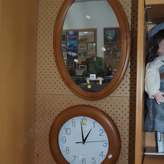 oval rimu framed wall mirror, wall clock - yellow dots