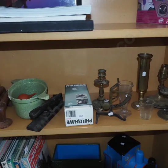 shelf; Philishave, metal handles, small guillotine etc