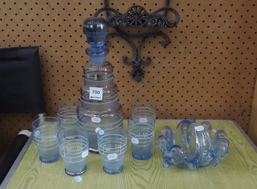 retro blue glass decanter and 6 glasses , blue glass basket Image 1++