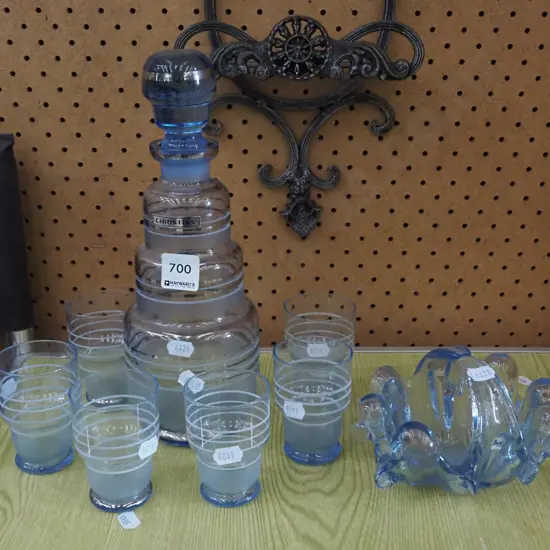 retro blue glass decanter and 6 glasses , blue glass basket