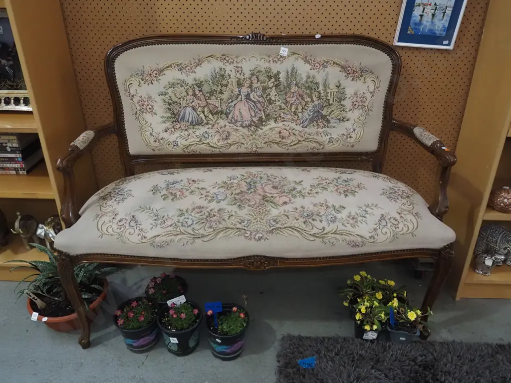 mahogany tapestry upholstered romance scene seat Image 1++
