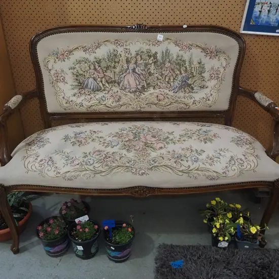 mahogany tapestry upholstered romance scene seat