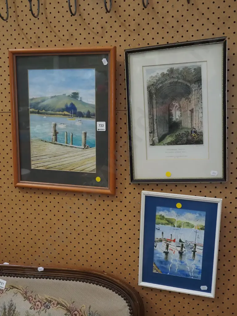 2x framed watercolour, framed etching - yellow dots Image 1++