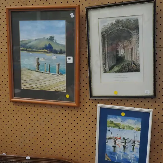 2x framed watercolour, framed etching - yellow dots