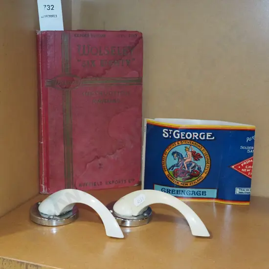 Wolseley manual, vinatge car door handles, St George jam label