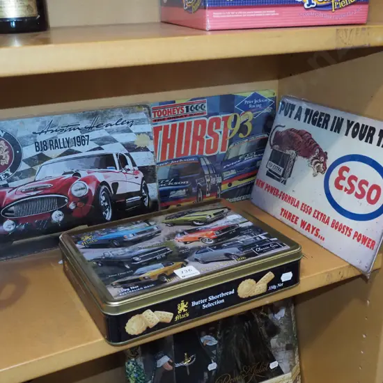 4x automotive prints on tin, automotive biscuit tin