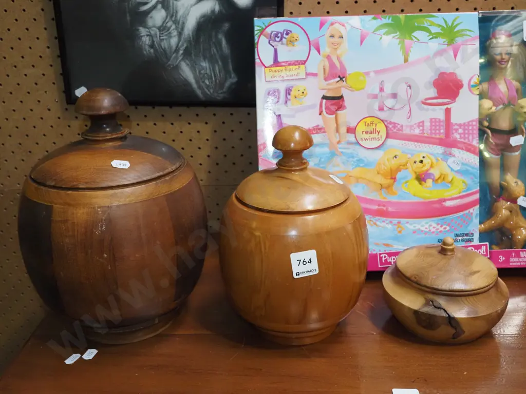 3x turned wood lidded canisters Tallest H280 Image 1++