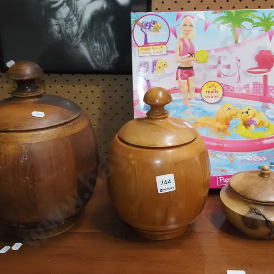 3x turned wood lidded canisters Tallest H280