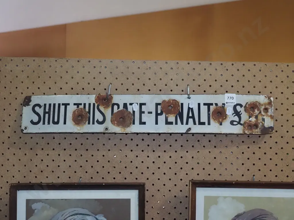 enamel Shut This Gate sign wth bullet holes Image 1++