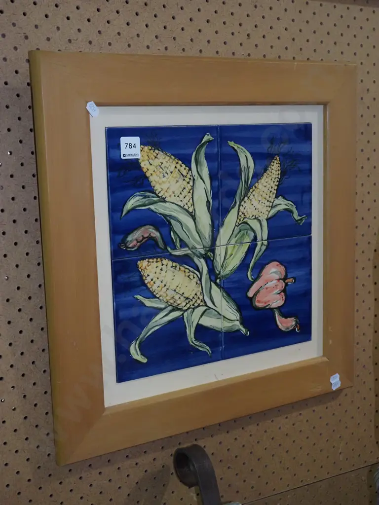 wood framed ceramic tile wall art, corn husks and peppers Image 1++