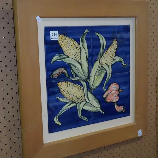 wood framed ceramic tile wall art, corn husks and peppers