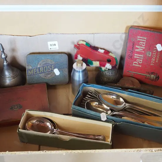 box; tobacco tins, oiler, cutlery etc