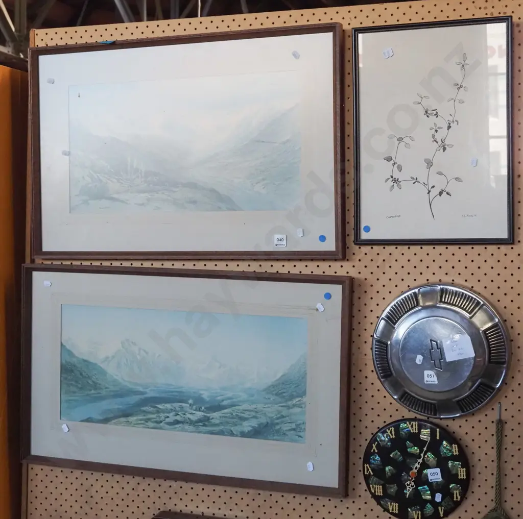 2x very faded historic prints, framed ink - crocrosmia - blue dots Image 1++