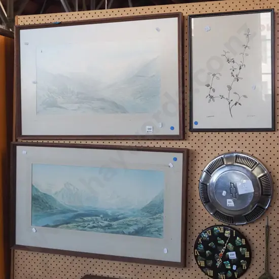 2x very faded historic prints, framed ink - crocrosmia - blue dots