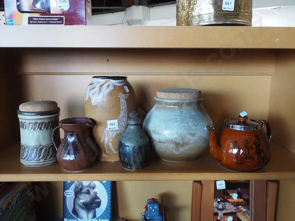 shelf; Arthur Ware teapot, vase, lidded canister etc Image 1++