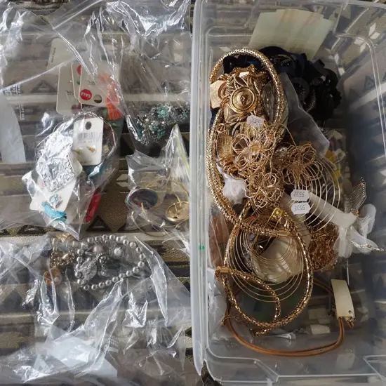 plastic tub, costume jewellery