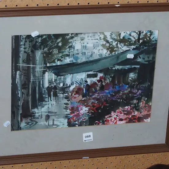framed watercolour - street scene - damage to frame