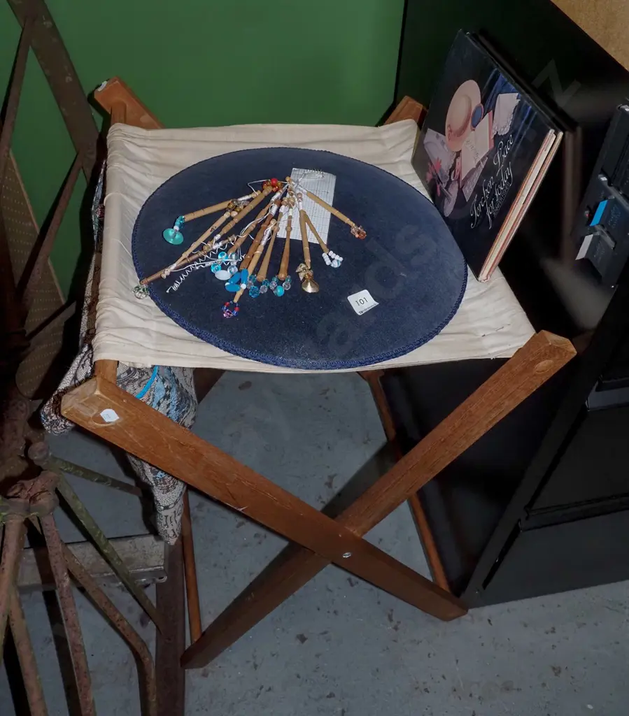 wooden foldout lace making stand with book and pillow Image 1++