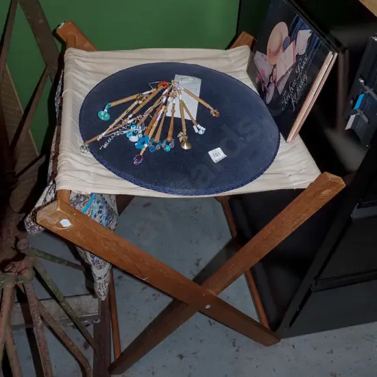 wooden foldout lace making stand with book and pillow