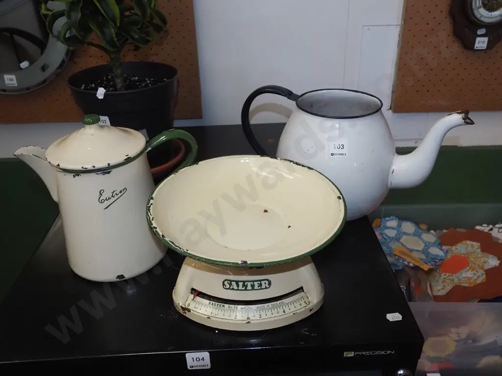 Salter scales, vintage enamel kettle, teapot - faults Image 1++