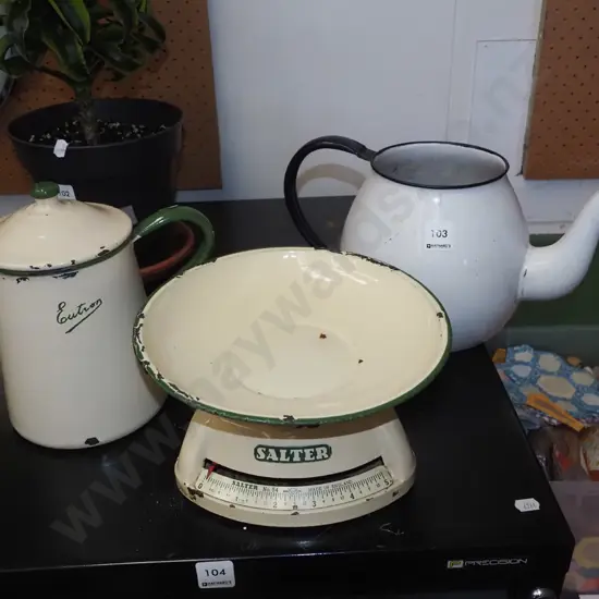 Salter scales, vintage enamel kettle, teapot - faults