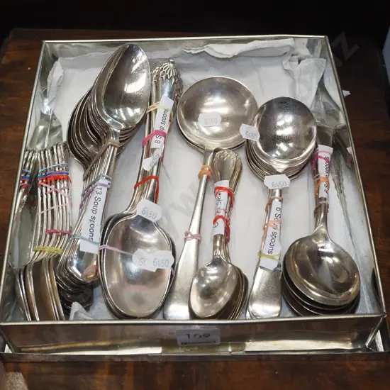 tin of various plated spoons