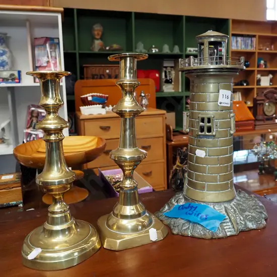 brass lighthouse lamp - needs rewiring, 2x brass candlesticks H330