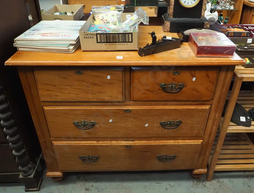 restorer's colonial kauri 4 drawer chest - 1 handle missing, varnish needs attention  Image 1++