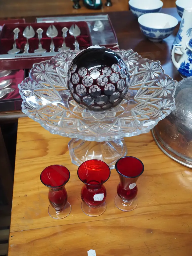 pressed glass comport, ruby glass sherry glasses, glass ball Image 1++