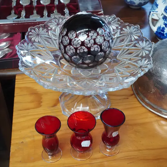 pressed glass comport, ruby glass sherry glasses, glass ball