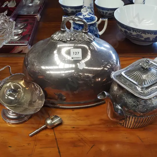 plated ware; sugar scuttle, teapot, cover dome