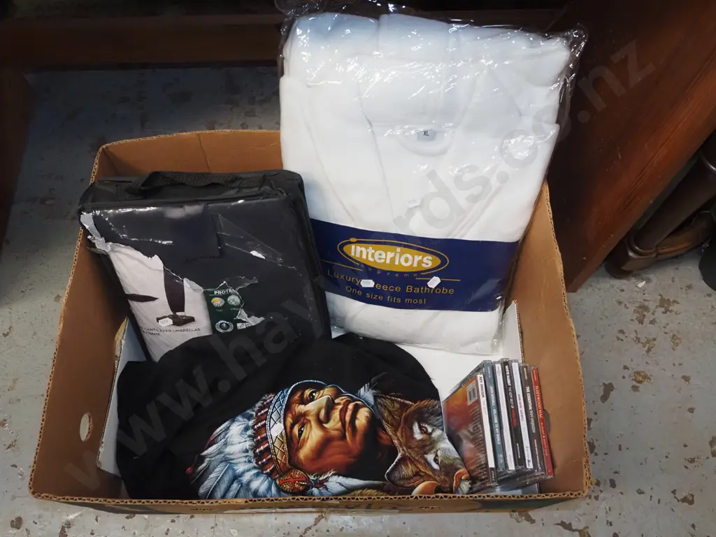 box; cover for sun umbrella, bathrobe, CDs, first nations print T shirt Image 1++