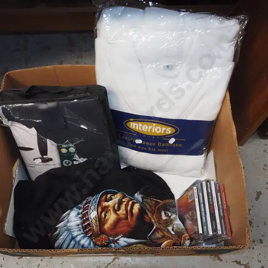 box; cover for sun umbrella, bathrobe, CDs, first nations print T shirt