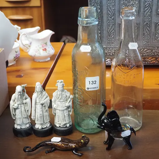 2x glass bottles, various figurines
