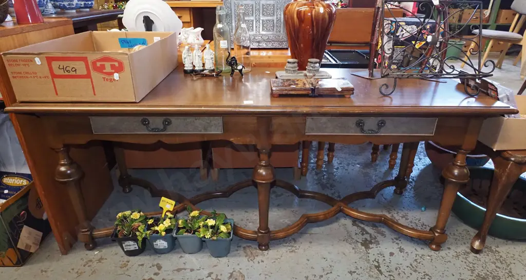 unusual refectory based 2 drawer mahogany hall table H570 W1400 D500 Image 1++