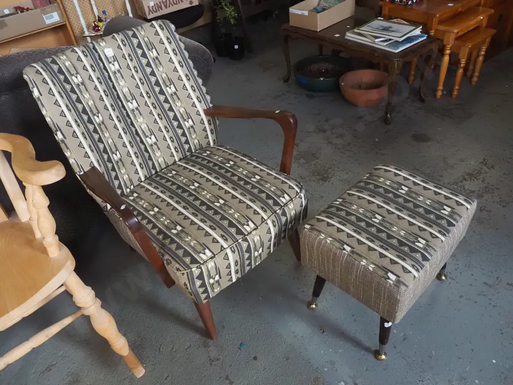 mid century wood and upholstered armchair and footstool Image 1++