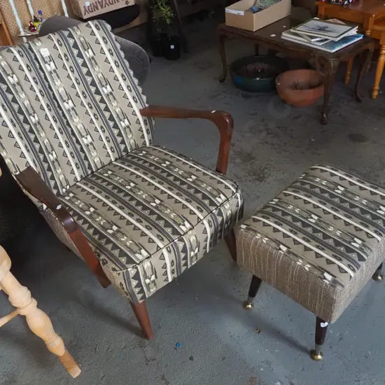 mid century wood and upholstered armchair and footstool