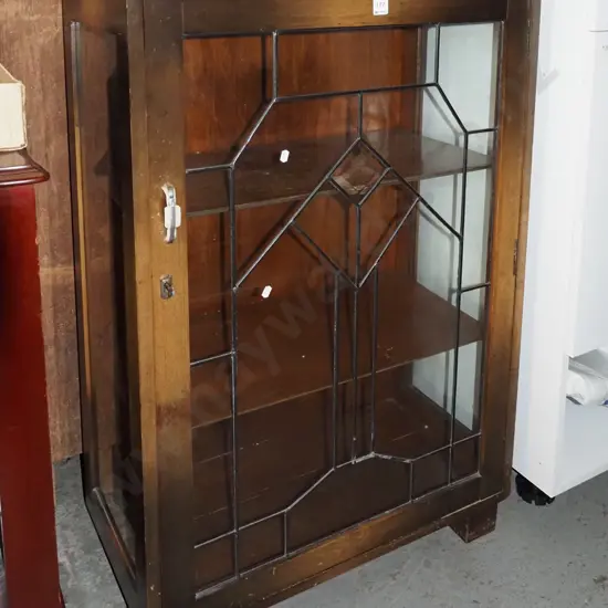 deco beech glass and leadlight china cabinet H1110 W685 D360 - varnish needs attention