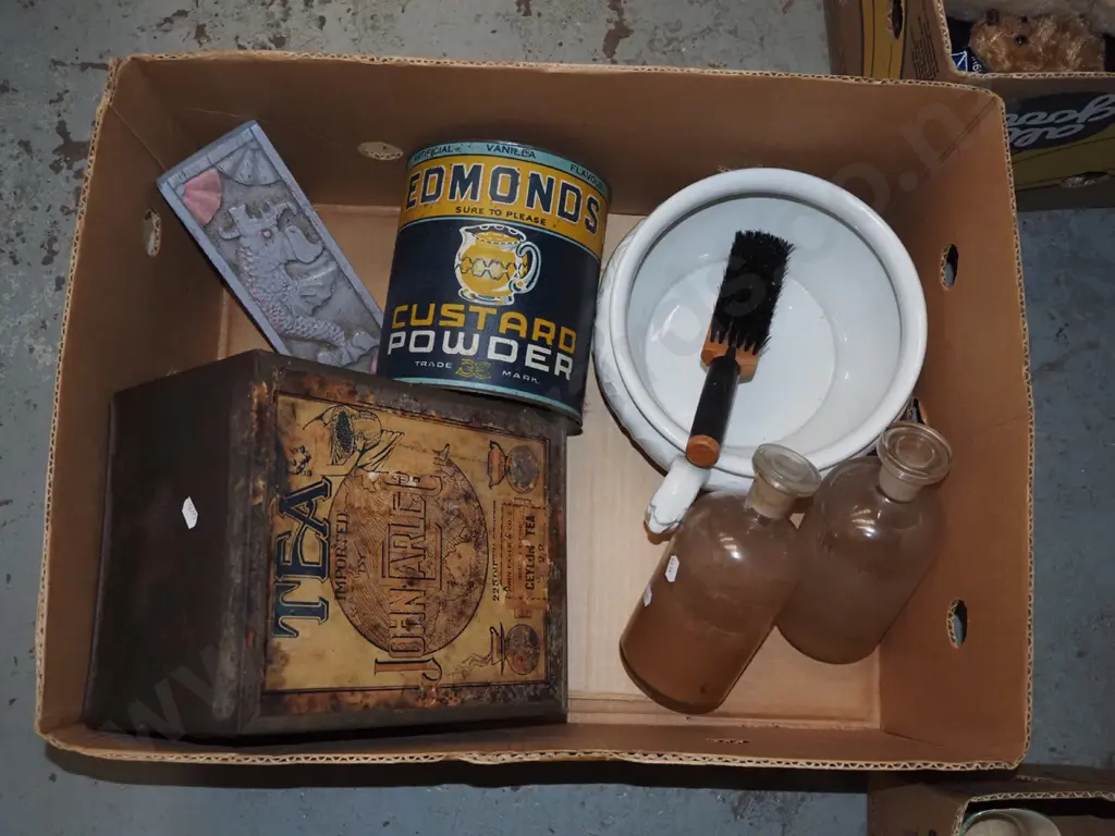 box; vintage tins, guzunder, chemist bottles, brush Image 1++