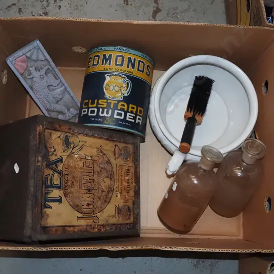 box; vintage tins, guzunder, chemist bottles, brush