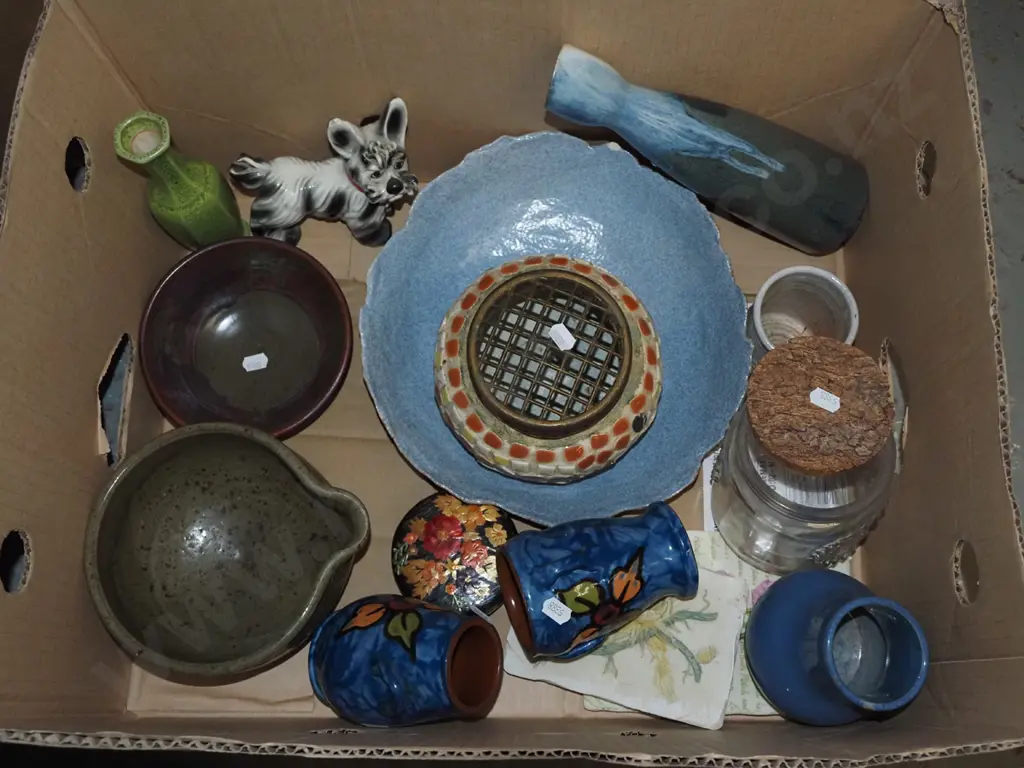 box; pottery bowls, canisters, dog figurine etc Image 1++