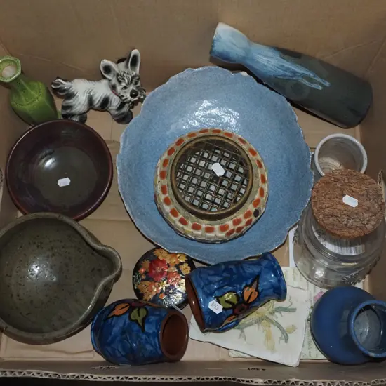 box; pottery bowls, canisters, dog figurine etc