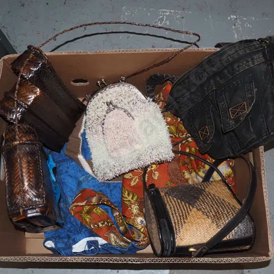 box; various hand bags