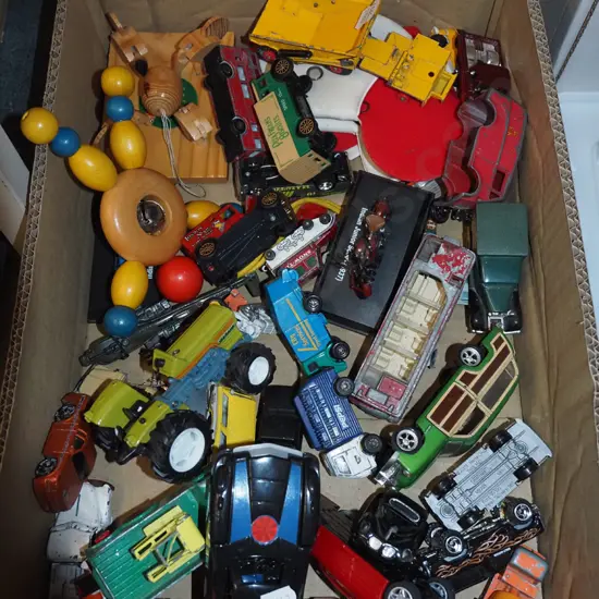 box; childrens toys, model vehicles etc
