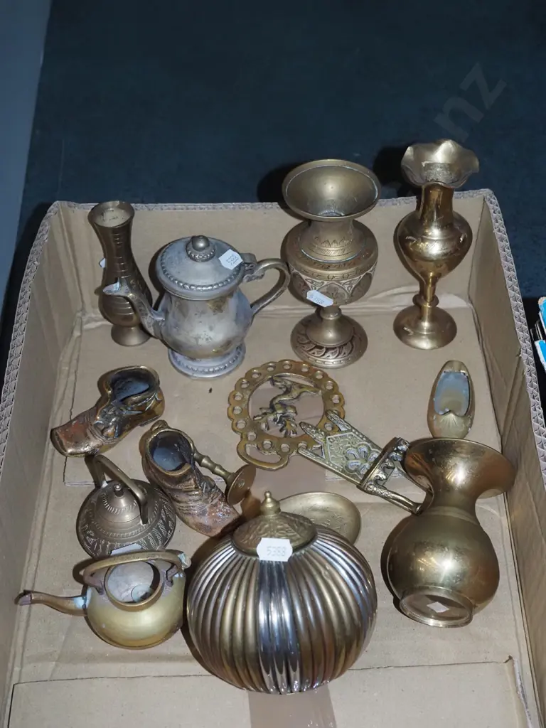box of brass ware; vases, canisters etc Tallest H140 Image 1++