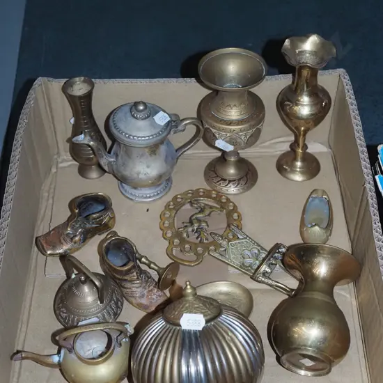box of brass ware; vases, canisters etc Tallest H140