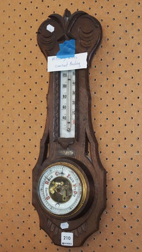 oak barometer thermometer - missing glass - crack in back Image 1++