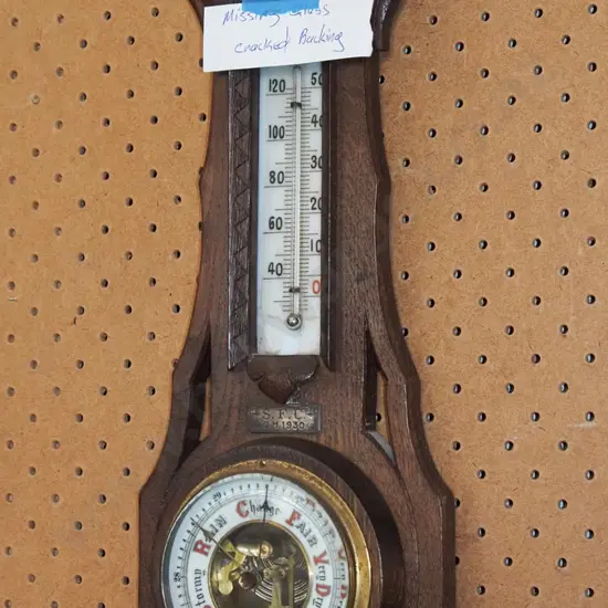 oak barometer thermometer - missing glass - crack in back