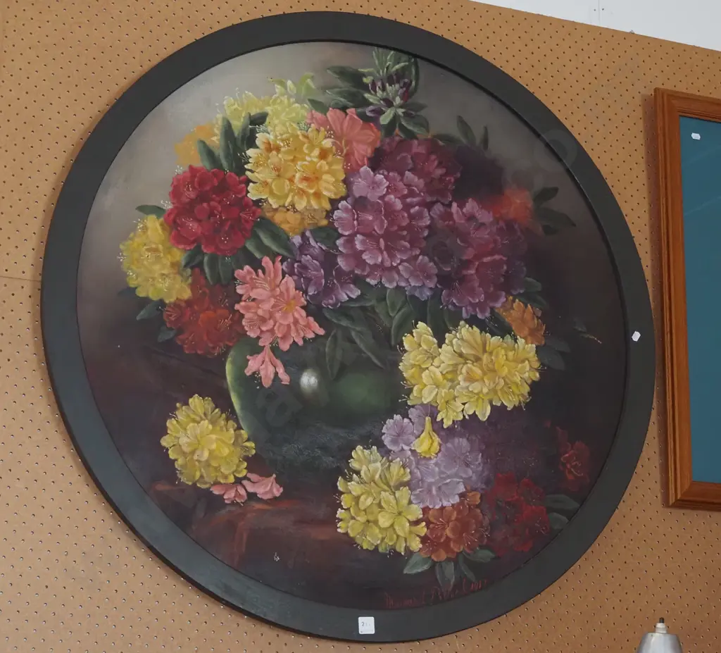 Margaret Pollock 1917 - framed circular oil on board - still life flowers - some age marking Diam1030 Image 1++