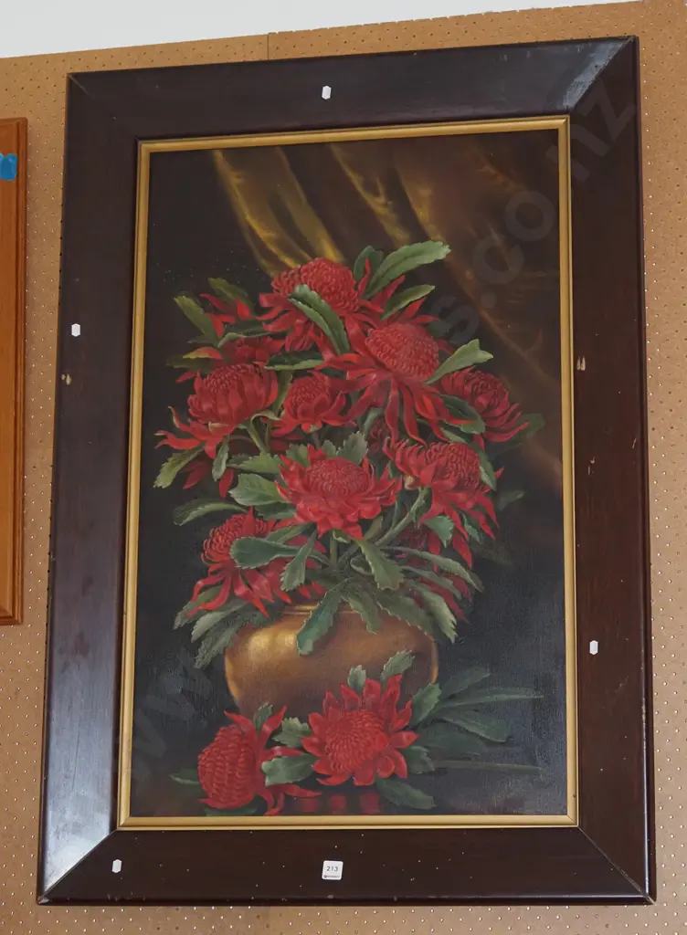 Margaret Pollock - framed oil on canvas - still life flowers H1170 W810 - some damage to frame Image 1++